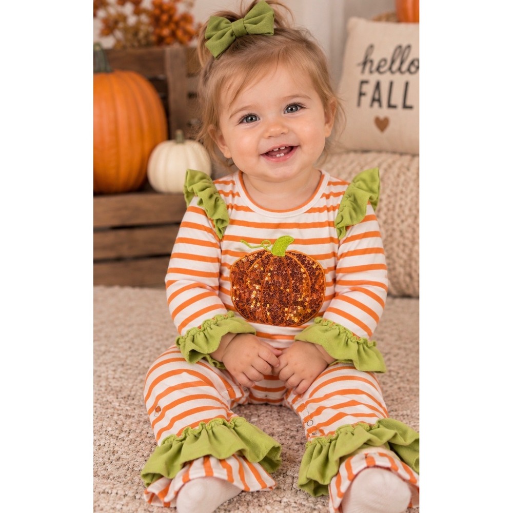 Marie Nicole Baby Girls Sequin Pumpkin Ruffle Romper Thanksgiving Fall 12-18M
